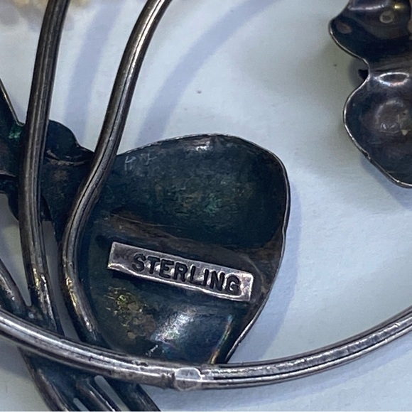 Vintage Sterling Silver Floral Bouquet Bow Circle Brooch Pin - Picture 4 of 6